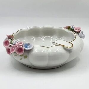 Lefton White Porcelain Bowl with Pink and Blue Flowers